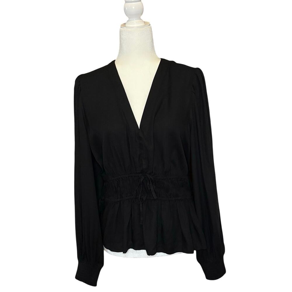 Old Navy Smocked Tie-Front Waist-Defined Blouse Women’s L Black Boho Chic
